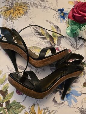 Aldo Black Leather & Wood-Effect Platform Sandal Heels